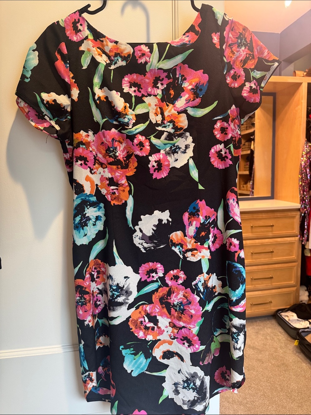 Yumi Kim Black Mini Dress with Pink, Teal & White Floral Print